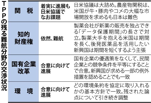 TPP首席交渉官会合、閉幕 知的財産権の協議先送り