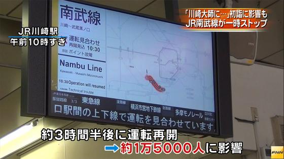 南武線が立ち往生、車内に１時間２０分閉じ込め 2016年01月02日 18時35分