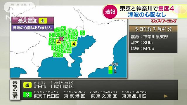 東京・町田や川崎で震度4 千代田区でも震度3